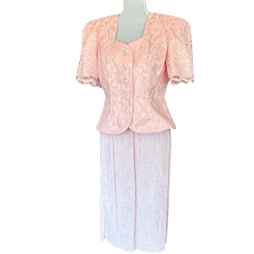 VTG 90s Leslie Fay Petites pink lace floral short sleeve blazer & crepe skirt 8P